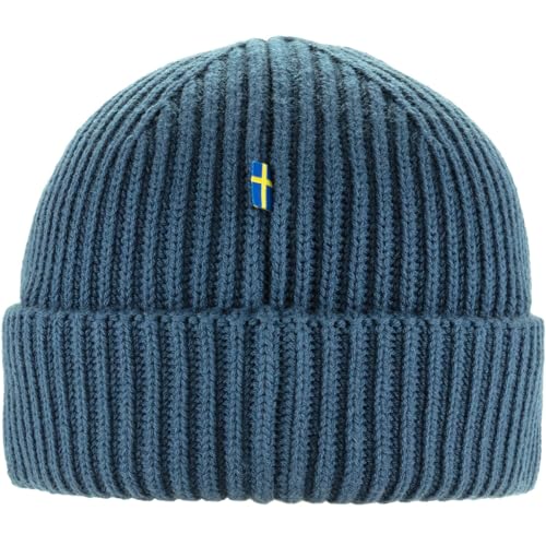 Fjällräven 1960 Logo Hat Beanie - Knit Winter Cap with Folded Cuff, Warm Soft Everyday Outdoor Hat - color: Indigo Blue