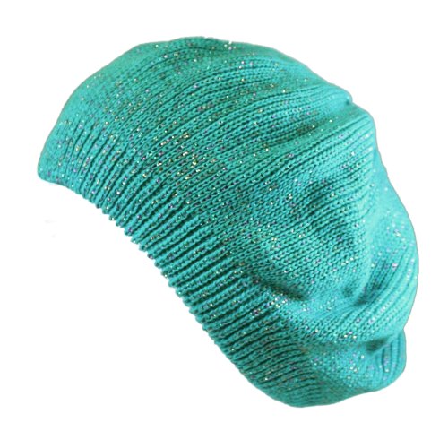 Morehats Women's Warm Metallic Stripe Knit Beret Hat - color: Teal