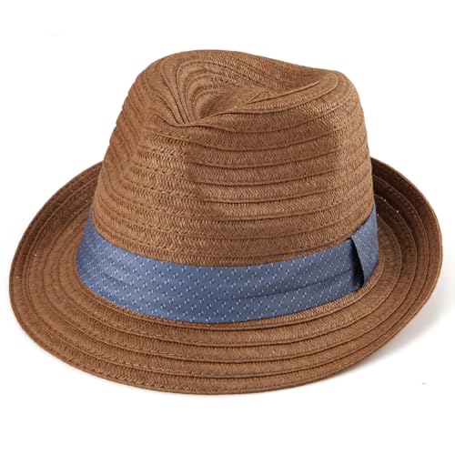 LADYBRO Straw Trilby Hat for Men Summer Sun Fedoras Beach Panama Adjustable - color: 005 Coffee, size: Medium-Large
