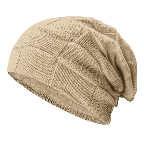 PFFY Beanie Hats for Men Women Winter Thick Warm Lined Beanies Skull Cap - color: （pure） Khaki