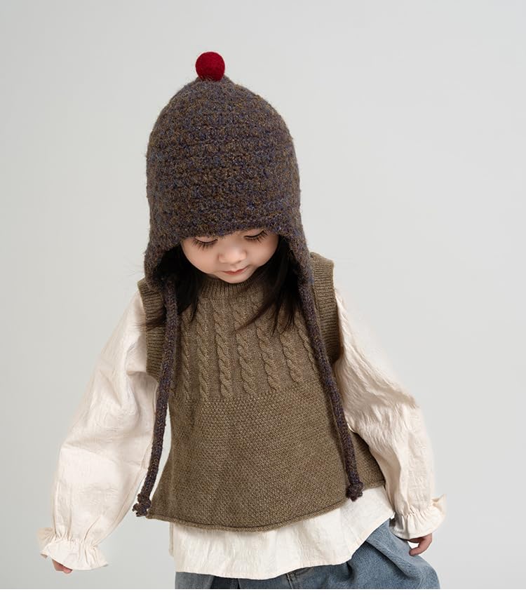 PENINSULA LOVE Toddler Kids Peruvian Beanie Hat Winter Earflap Knitted Beanie Slouchy Ski Snow Hat for Boys Girls 2-6 Years - color: Dark Brown