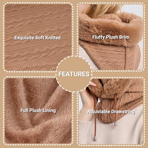 Women’s Knitted Beanie Hat with Face Cover - 3 in 1 Winter Balaclava with Mask Scarf Ear Muffs Pompom Fleece Lined Snow Caps - color: Rose Pink-c
