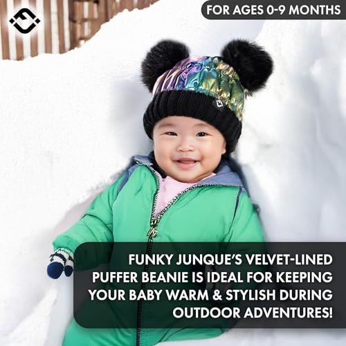 Funky Junque Baby Winter Beanie - Adorable Dual Pom Pom, Fleece Lined, Warm Infant Toddler Hat - color: Black/Multicolor