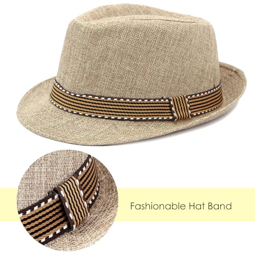 Lisianthus Mens Short Brim Summer Panama Fedora Trilby Sun Hat - color: Stripe Band Light Khaki