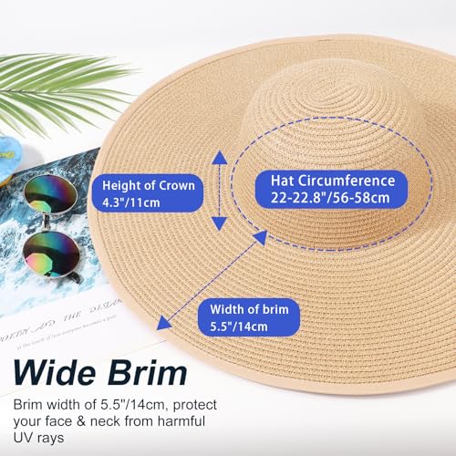 DRESHOW Big Straw Sun Hats for Women Floppy Foldable Roll up Beach Cap Sun Hat UPF 50+ Vacation Honeymoon Embroidered Hat - color: Medium Size: Beige / Brim 5.5" (Head Circumference 22-22.8")