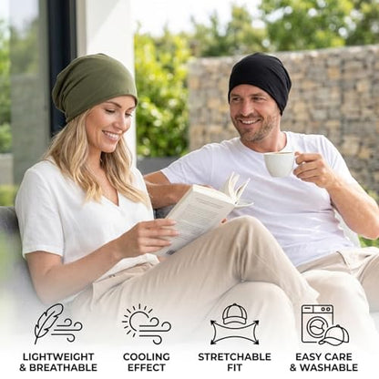 Summer Beanie for Men, 2PCS Lightweight Cotton Summer Hats for Women Men, Breathable Headwear for Outdoor Activities and Sensitive Scalp, Chemo Skull Cap Baggy Headwear Black