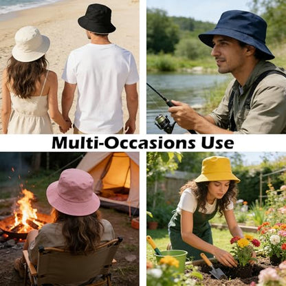 Bucket Hat for Men and Women 2-in-1 Reversible Sun Protection Fashion Flat Top Cap for Fishing Travel Beach Sports - color: Blue-black