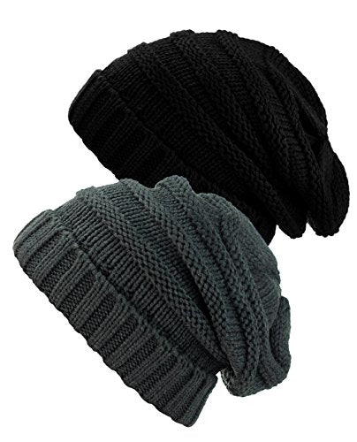 NYFASHION101 Oversized Baggy Slouchy Thick Winter Beanie Hat - color: Black & Melange Gray