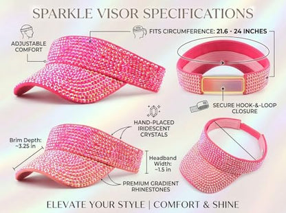 Women Shiny Rhinestone Bling Sun Visor Adjustable Tennis Beach Ponytail Hat - color: Rose Red Hat+white Rhinestone