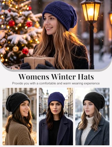 Senker Fashion 2 Pack Winter Beanie Hats for Women, Womens Slouchy Beanies - color: Black Blue