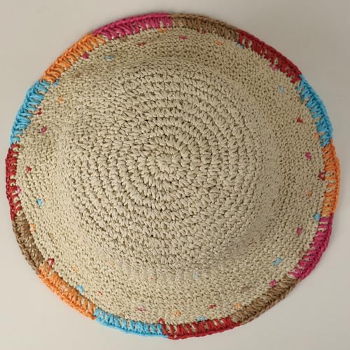 Women Straw Sun Hat Summer Beach Hats Foldable Floppy Cap Wide Brim Bucket Hat Solid Handmade Sun Protection Caps - color: Colorful-beige