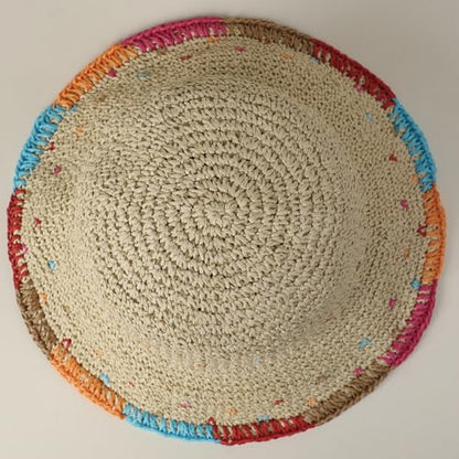 Women Straw Sun Hat Summer Beach Hats Foldable Floppy Cap Wide Brim Bucket Hat Solid Handmade Sun Protection Caps - color: Colorful-beige