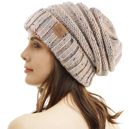 Womens Winter Beanie Warm Knit Hat Cable Stretch Trendy Ribbed Chunky Cap - color: Dot Oat