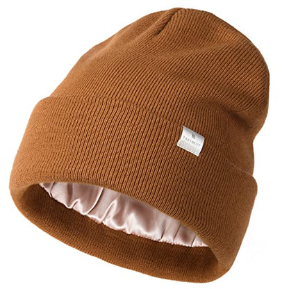 YANIBEST Satin Lined Beanie for Women, Reduce Frizz Winter Hats - color: Dark Orange