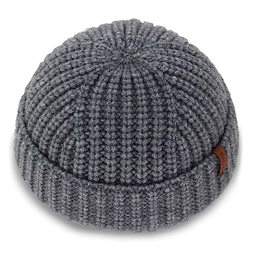Chunky Wool Fisherman Short Beanie Hats Skull Cap for Men, Mens Thick Skater Streetwear Fishermans Beanie Daily Hat - color: Gray