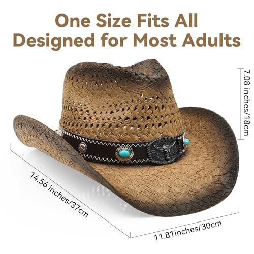 WQWOVRVO Cowboy Hat,Cowgirl Hat,Straw Cowboy Hats for Women/Men Wide with Shapeable Brim - color: Brown&coffee Color
