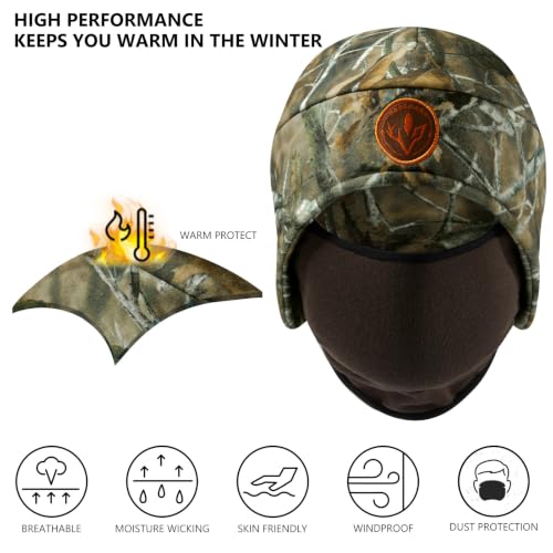 BASSDASH Unisex Soft Fleece 2-in-1 Hat with Mask Ear Flap - color: Autumn Forest & Brown