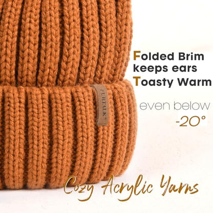 FURTALK Womens Winter Knitted Beanie Hat with Faux Fur Pom Warm Knit Skull Cap Beanie for Women - color: Caramel