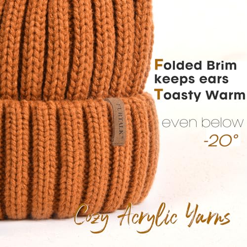 FURTALK Womens Winter Knitted Beanie Hat with Faux Fur Pom Warm Knit Skull Cap Beanie for Women - color: Caramel