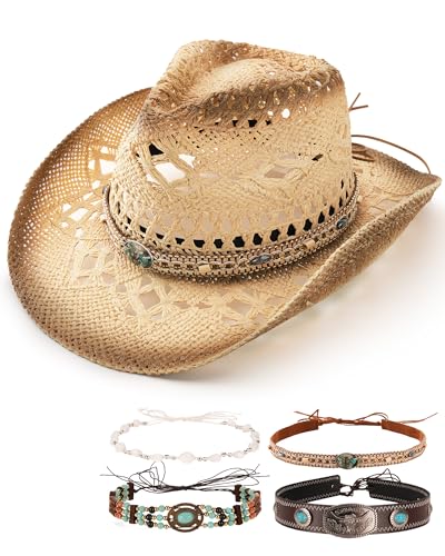 FURTALK Straw Cowboy Hat for Women with 4 Decorative Bands Cowgirl Hat - color: Beige-dark Egde