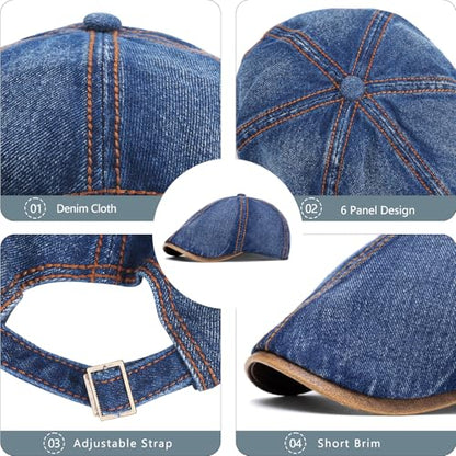 meioro Mens Denim Newsboy Hat 6 Panel Cotton Adjustable Flat Cap - color: Navy Blue