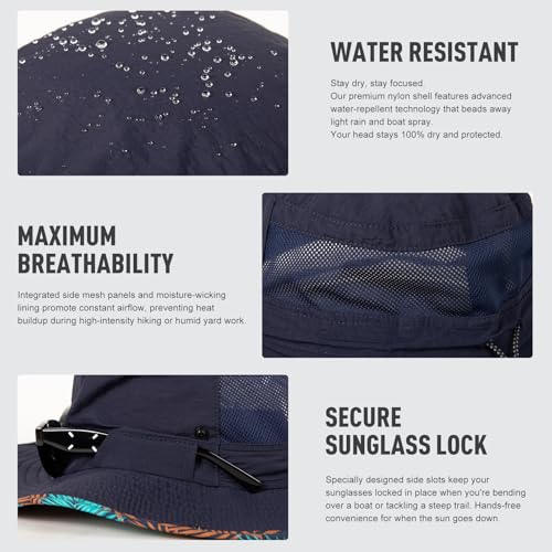 TOP-EX Wide Brim Bucket Sun Hat for Men & Women, Quick-Dry Boonie Hat, Mesh - color: Navy - Tropical Palm, size: Large-X-Large