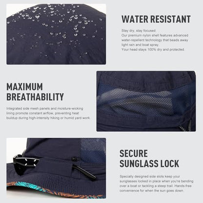 TOP-EX Wide Brim Bucket Sun Hat for Men & Women, Quick-Dry Boonie Hat, Mesh - color: Navy - Tropical Palm, size: X-Large-XX-Large