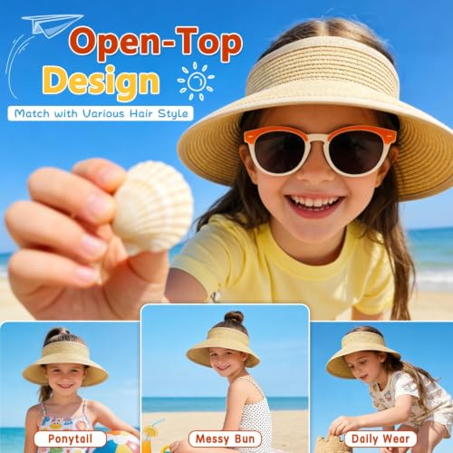 ZOORON Girls Straw Sun Visor Hat, Wide Brim Ponytail Beach Hat with Bow - color: Beige