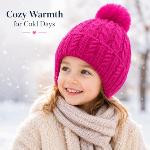 Toddler Baby Winter Hat with Earflap Kids Warm Twisted Knit Hat Infant Pom Pom Beanie Ski Cap for Baby Girls Boys - color: Rose Red, size: 6-24 Months