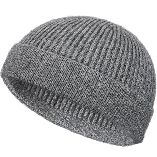 Wool Fisherman Beanie for Men Wome, Thin Knit Winter Hats Skull Cap - color: Grey