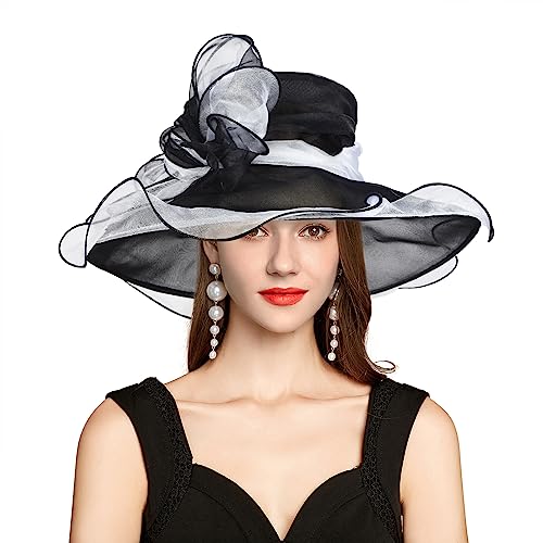 2026 Derby Hats for Women Ladies, Classy Organza Sun Hat, Church Tea Party Wedding Kentucky Fascinator Hat - color: A2967-black