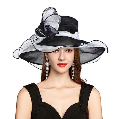 2026 Derby Hats for Women Ladies, Classy Organza Sun Hat, Church Tea Party Wedding Kentucky Fascinator Hat - color: A2967-black
