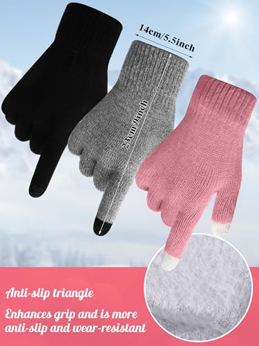 JaGely 6 Pcs Women Winter Beanie Hat Gloves Set Warm Knitted Hats and Touchscreen Gloves Lady Cold Winter Gifts for Christmas - color: Black, Grey and Pink