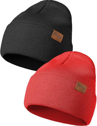 Beanie Hats for Men Women Knit Winter Hat, Warm Skull Stocking Cap, Striped Snow Hat Heated Cuffed Beanie - color: 2p-black+red