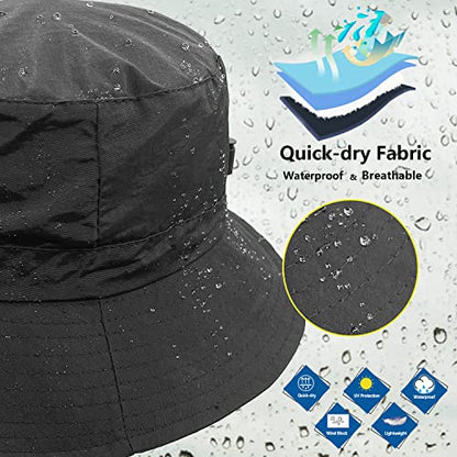 woogwin Waterproof Bucket Rain Hat with Chin Strap Quick Dry Packable Boonie Sun Hat Safari Hat UV Protection - color: Black