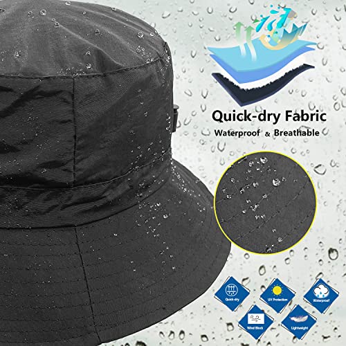 woogwin Waterproof Bucket Rain Hat with Chin Strap Quick Dry Packable Boonie Sun Hat Safari Hat UV Protection - color: Black