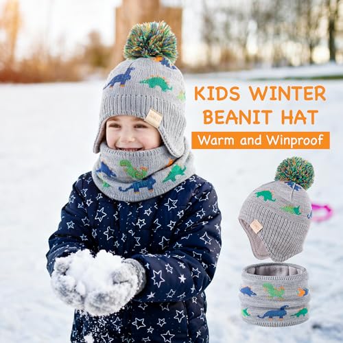 Beanie Knit Hats for Toddlers with Earflap Fleece Lined Hat Kids Warm Winter Hat Scarf Set Children's Thick Ski Cap - color: Small Dinosaur-army Green