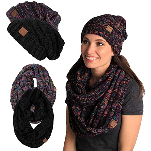 Funky Junque Slouchy Beanie & Infinity Scarf Gift Set – Matching Winter Accessories Sets for Women, Oversized Hat and Scarves - color: 2 Pack: Black & Kaleidoscope #32