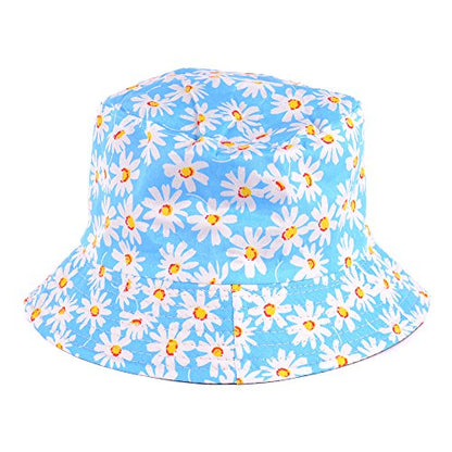 BYOS Unisex Trendy Reversible Lightweight Printed Bucket Hat Packable Outdoor - color: Daisy Light Blue