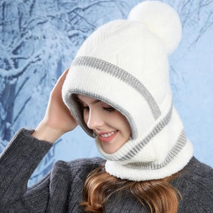HUAMULAN Women Winter Knit Beanie Hats One Piece Fleece Lined Balaclavas - color: Cream White + Gray Stripe