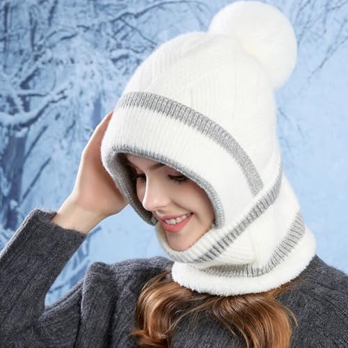 HUAMULAN Women Winter Knit Beanie Hats One Piece Fleece Lined Balaclavas - color: Cream White + Gray Stripe