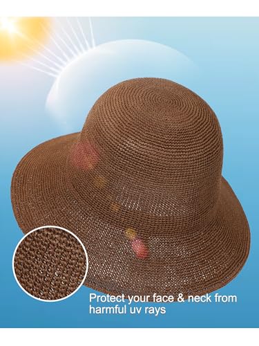 Womens Sun Hat Handmade Foldable Straw Bucket Hat Summer Crochet Travel Cap - color: Coffee, size: Small
