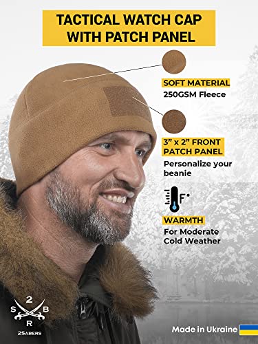2SBR 2SABERS Fleece Winter Warm Watch Cap - Mens Outdoor Skull Beanie Hat - color: Coyote Patch Panel, size: Medium