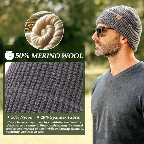 Oversized L/XL/XXL Merino Wool Blend Waffle Beanie No Lined Hat Warm Skull Watch Cap Winter - color: Grey(waffle), size: Medium-Large