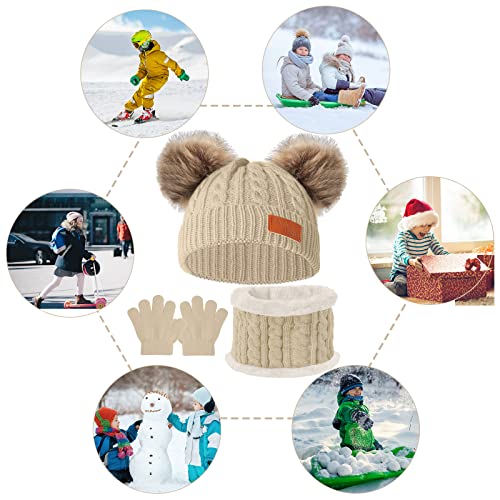Kids Winter Beanie Hat Scarf Gloves Set,Toddlers Knit Winter Warm Double Pompom Cap Scarf Gloves for Girls Boys 1-5 Years Old - color: Beige