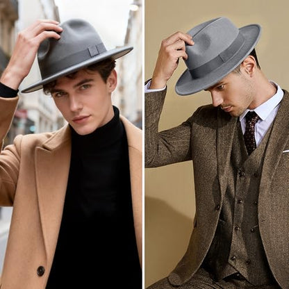 BABEYOND 1920s Fedora Hat for Men Gatsby Wide Brim Hat Felt Panama Cap - color: Wh/Gray-gr