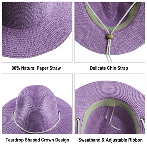 Women Straw Fedora Hat Summer Panama Beach Sun Hats UV UPF50+ Cap - color: Purple