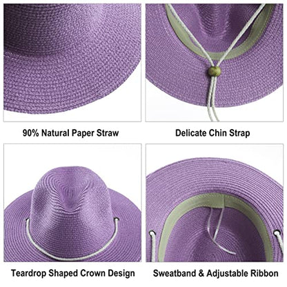 Women Straw Fedora Hat Summer Panama Beach Sun Hats UV UPF50+ Cap - color: Purple