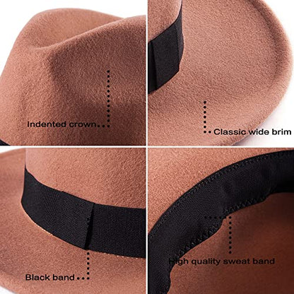Felt Wide Brim Fedora Hats for Women Men, with Band Belt Buckle, Adjustable - color: 013 Camel