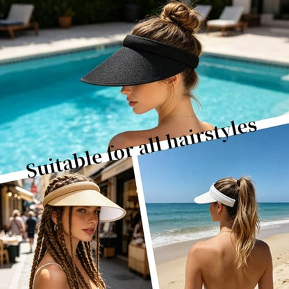 Women's Sun Visor Hats, 4 Pack Wide Brim UV Protection Empty Top Linen Visors Clip-on Headband Style Beach Hats for Women - color: Light Brown+white+black+light Yellow